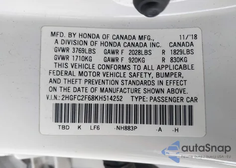 2019 Honda Civic Lx z USA, uszkodzony, nr VIN 2HGFC2F68KH514252